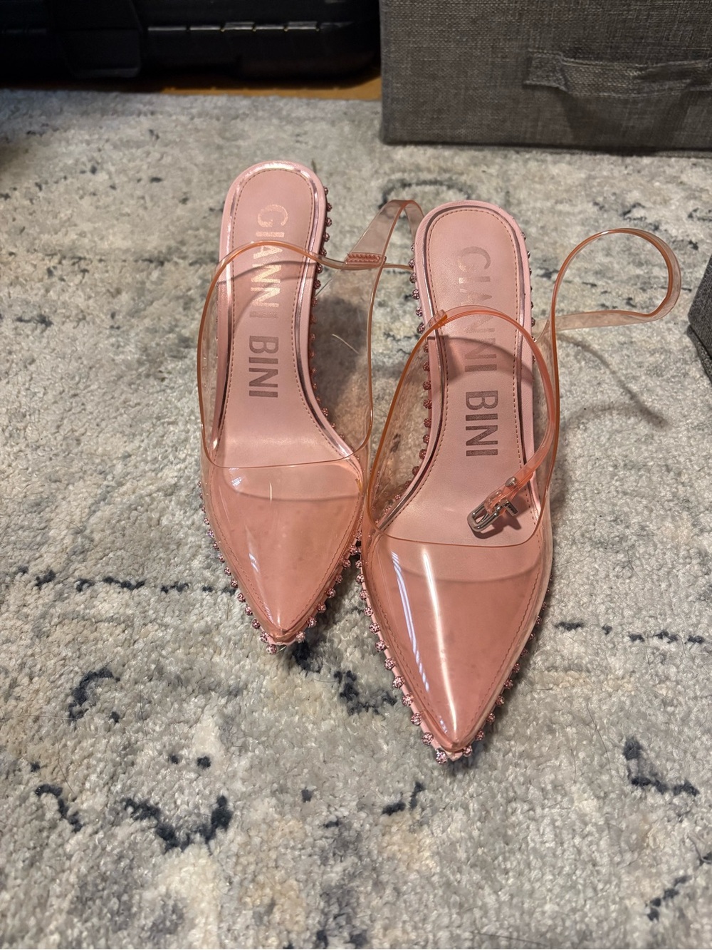Gianni Bini Blush Pink PVC Pointed-Toe Slingback Heels with Crystal Trim